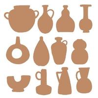 Vintage Set of Brown summer boho pot plant icons element collections. Collection of abstract shape elements ancient antique vase or jar for art print poster, banner, background or flyer. vector