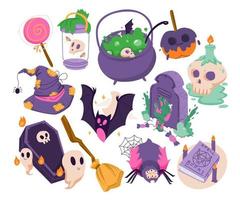 Hand drawn set of Halloween Objects Character Elements,  Vector illustration collections bundle set with bat, eye, coffin, witch hat, skull, spider, ghost, broom, pumpkin and tombstone