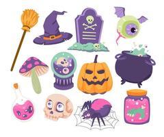 conjunto dibujado a mano de elementos de carácter de objetos de Halloween, colecciones de ilustraciones vectoriales con murciélago, ojo, ataúd, sombrero de bruja, calavera, araña, fantasma, escoba, calabaza y lápida vector