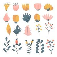Vintage Set of Cute Flower, Foliage Collection with colorful floral Botanical bundle Elements. Nature of plants garden. Hand drawn Flat Style, suitable for wedding invitation or banner template vector