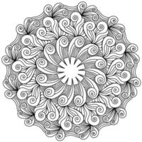 Ornate zen mandala with many spiral curls and tangles, doodle antistress coloring round shape page with fantasy patterns vector