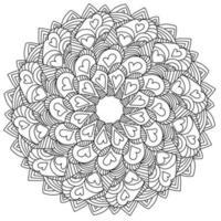 Mandala with hearts and curled arches, zen coloring page with doodle patterns for Valentine's day vector