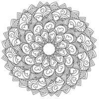 Mandala with hearts and curled arches, zen coloring page with doodle patterns for Valentine's day vector
