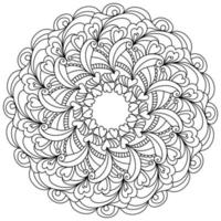 Outline zen mandala of patterns and hearts, Valentine's Day coloring page in the shape of a round anti stress frame vector
