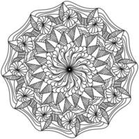 mandala zen estilizada con motivos florales, flores de fideos con hojas rayadas y pétalos ornamentados en un círculo, página de coloración antiestrés vector