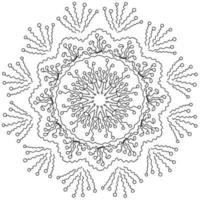 Ornate mandala snowflake with wavy lines and round motifs, abstract zen antistress coloring page round shape vector