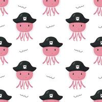 Seamless Pirate Pattern with jellyfish in Pirate hat. Vector illustration in cartoon style. For posters, banners, card, printing on the pack, paper, printing on clothes, fabric, wallpaper.