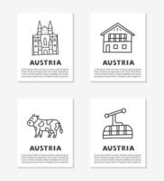 Cards with doodle outline Austria icons including Vienna Cathedral, chalet house, Alpine, cow, cable car isolated on grey background.
