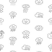 Black and white seamless pattern with doodle outline happy clouds. vector