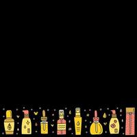 Poster with doodle colorful skin care serum, ampoule, essence bottles and black background. vector