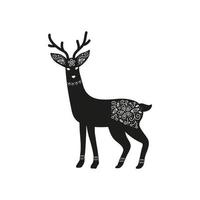 Doodle black deer with ornament in scandinavian folk art style isolated on white background. vector