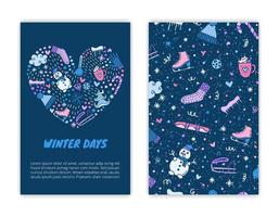 Card templates with doodle colored winter icons. Used clipping mask. vector