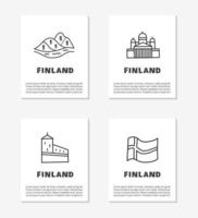 Cards with lettering and doodle outline finland icons including Helsinki Cathedral, hills, Olaf s castle, flag isolated on grey background.