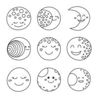 Set of doodle outline moon happy character icons isolated on white background. vector