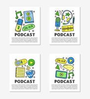 Cards with lettering and doodle colored podcast icons including notes, tablet, headphones, microphone, voice recorder, play button, loudspeaker, speech bubble, etc isolated on grey background. vector