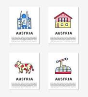 Cards with doodle colored Austria icons including Vienna Cathedral, chalet house, Alpine, cow, cable car isolated on grey background. vector