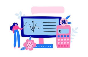 Horizontal banner with big colorful computer, teacher, formula, calculator, speech bubble. Home schooling, online mathematics lesson. Landing page concept. Modern flat doodle vector background.