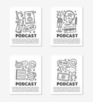 Cards with lettering and doodle outline podcast icons including notes, tablet, headphones, microphone, voice recorder, play button, loudspeaker, speech bubble, etc isolated on grey background. vector