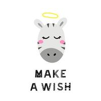 Cute hand drawn illustration with zebra face and lettering make a wish isolated on white background. vector