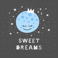 Poster with doodle happy moon character and lettering in Scandinavian style. vector