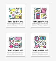 Cards with lettering and doodle outline education, e-learning icons including computer, ruler, globe, divider, headphones, calculator, graduation cap, tablet, book, etc isolated on grey background. vector