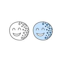 Doodle outline and colored moon happy character isolated on white background. vector