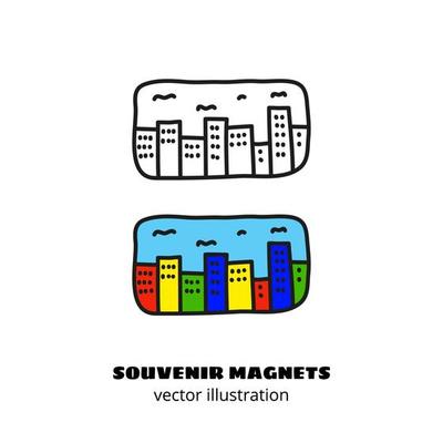 Doodle outline and colored souvenir magnet or sticker with city skyscrappers isolated on white background.