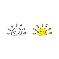 Doodle outline and colored happy smiley sun icons isolated on white background. vector