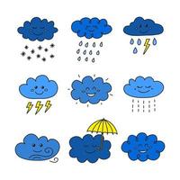 Set of doodle colored cloud happy character icons isolated on white background.