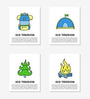 Cards with doodle colored eco tourism icons including backpack, tent, fir tree, campfire and lettering isolated on grey background. vector