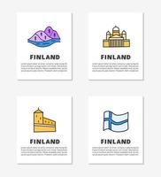 tarjetas con letras e íconos finlandeses de color garabato, incluida la catedral de helsinki, las colinas, el castillo de olaf, la bandera aislada en el fondo gris. vector