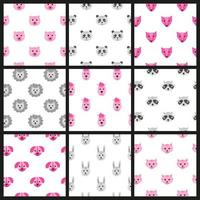 Set of colorful seamless patterns with doodle animal faces. vector