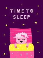 Poster with scandinavian lettering and doodle sleeping sheep in bed with pillow, blanket. vector