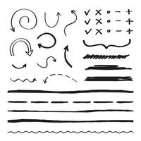 Set of hand drawn markers, arrows, pointers and symbols isolated on white background. vector