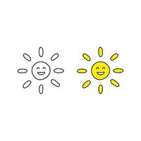 Doodle outline and colored happy smiley sun icons isolated on white background. vector