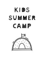 Poster template with scandinavian lettering kids summer camp and doodle tent. vector