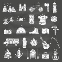 Set of doodle camp and outdoor icons isolated on the blackboard. vector