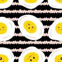 Fried eggs seamless pattern with funny faces on striped background. vector