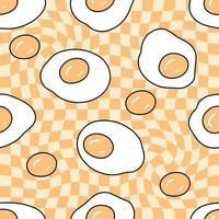 Doodle seamless pattern with fried eggs on trippy grid background. vector