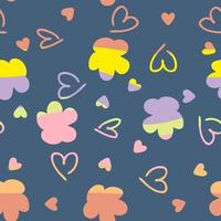 Rainbow seamless pattern with flowers and hearts in 1970 retro style. vector