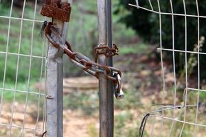 An iron padlock hangs on a closed gate photo