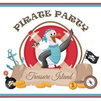Poster with a seagull pirate for a pirate party. Use for poster, banner, flyers, brochures, illustrations, decorations. vector