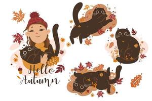 Autumn set of cats and girl illustrations and the inscription  Hello Autumn. Vector graphics