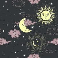 Stars sun and moon seamless pattern. Vector graphics.