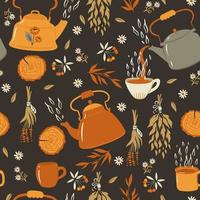 Tea seamless pattern with teapots and mugs. Vector graphic