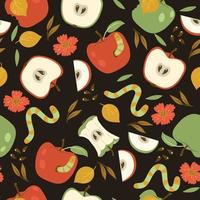 patrón impecable con manzanas rojas y verdes y gusanos sobre un fondo oscuro. gráficos vectoriales