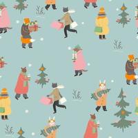 Christmas seamless pattern. The animals are preparing for the winter holidays. Vector graphics