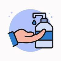 línea llena de icono de desinfectante de manos. botella de desinfectante y logo de mano. jabón gel antiséptico diseño vector símbolo ilustración