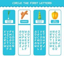 Encierra en un círculo las primeras letras de las verduras de dibujos animados. juego de correspondencias. juego educativo para niños de edad preescolar y niños pequeños vector