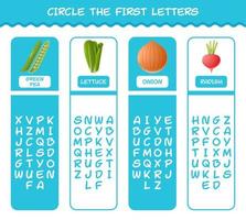 Circle the first letters of cartoon vegetables. Matching game. Educational game for pre shool years kids and toddlers vector